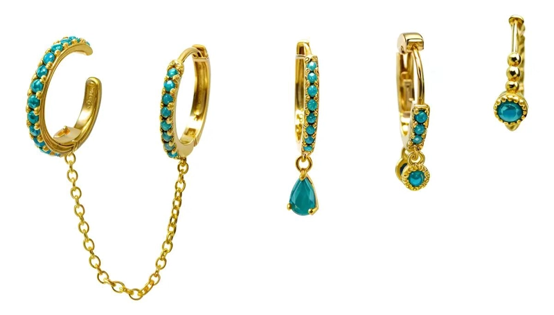 PACK DE 4 AROS TURQUESA Y EARCUFF BAÑADOS EN ORO 18K - 1