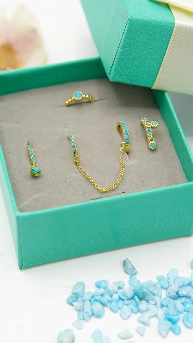 PACK DE 4 AROS TURQUESA Y EARCUFF BAÑADOS EN ORO 18K - 2