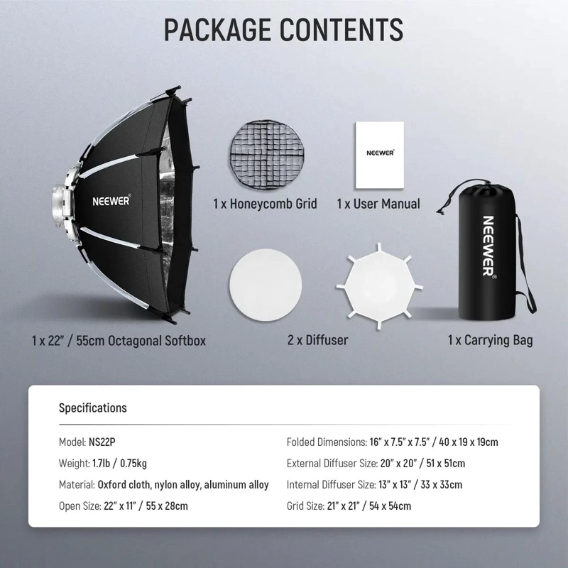 SOFTBOX OCTAGONAL DE 55CM CON DIFUSORES Y REJILLA DE PANAL - 8