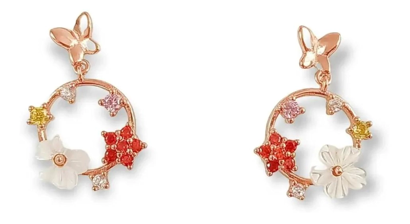 AROS DE FLOR CON COLORES Y ZIRCONIA BAÑADOS EN ORO ROSA - 1