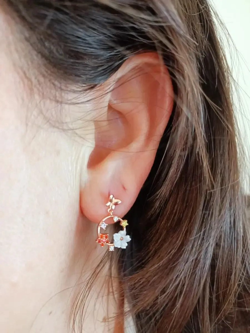 AROS DE FLOR CON COLORES Y ZIRCONIA BAÑADOS EN ORO ROSA - 3