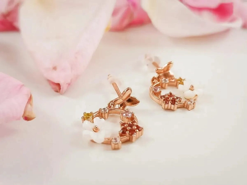 AROS DE FLOR CON COLORES Y ZIRCONIA BAÑADOS EN ORO ROSA - 6