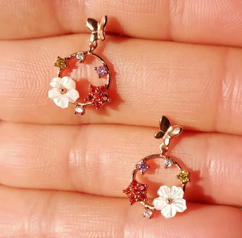 AROS DE FLOR CON COLORES Y ZIRCONIA BAÑADOS EN ORO ROSA - 7