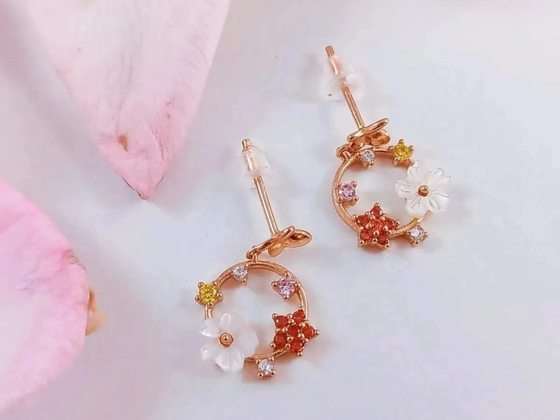 AROS DE FLOR CON COLORES Y ZIRCONIA BAÑADOS EN ORO ROSA - 8