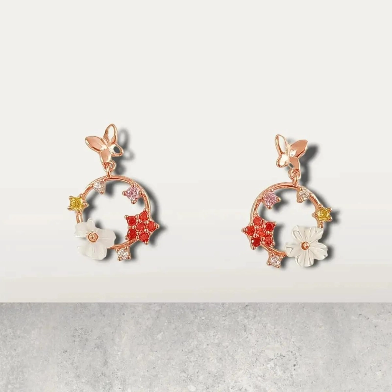 AROS DE FLOR CON COLORES Y ZIRCONIA BAÑADOS EN ORO ROSA - 9