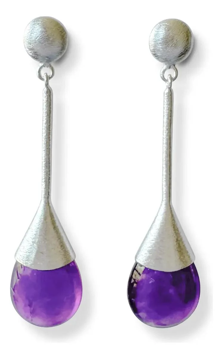AROS DE PLATA FINA 925 CON AMATISTA EN GOTA SATINADA - 1