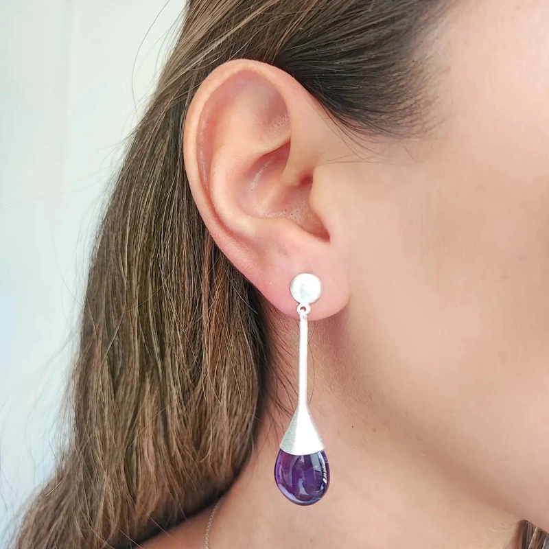 AROS DE PLATA FINA 925 CON AMATISTA EN GOTA SATINADA - 3