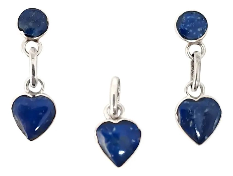 SET DE AROS Y COLGANTE CORAZON EN LAPISLAZULI Y PLATA FINA - 1