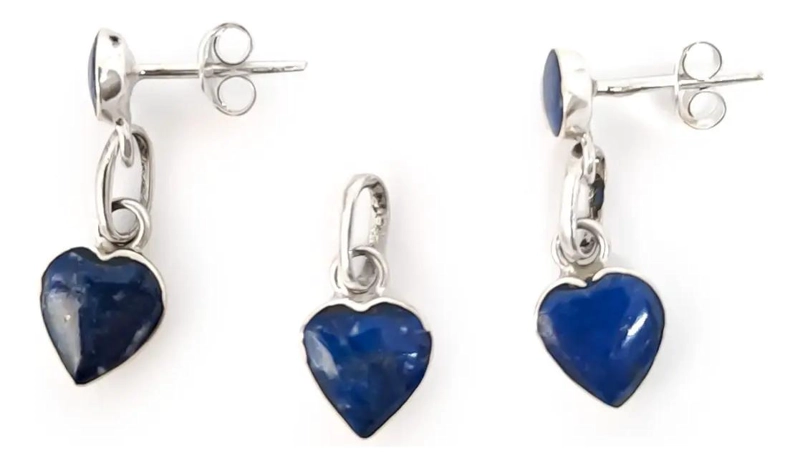 SET DE AROS Y COLGANTE CORAZON EN LAPISLAZULI Y PLATA FINA - 2