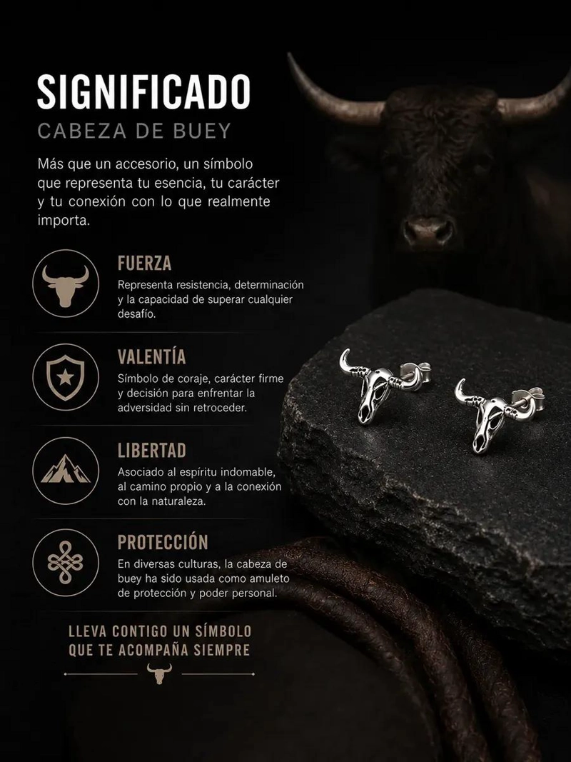 AROS MASCULINOS DE PLATA FINA 925 CON DISEÑO DE CABEZA DE BUEY ESTILO WESTERN - 2