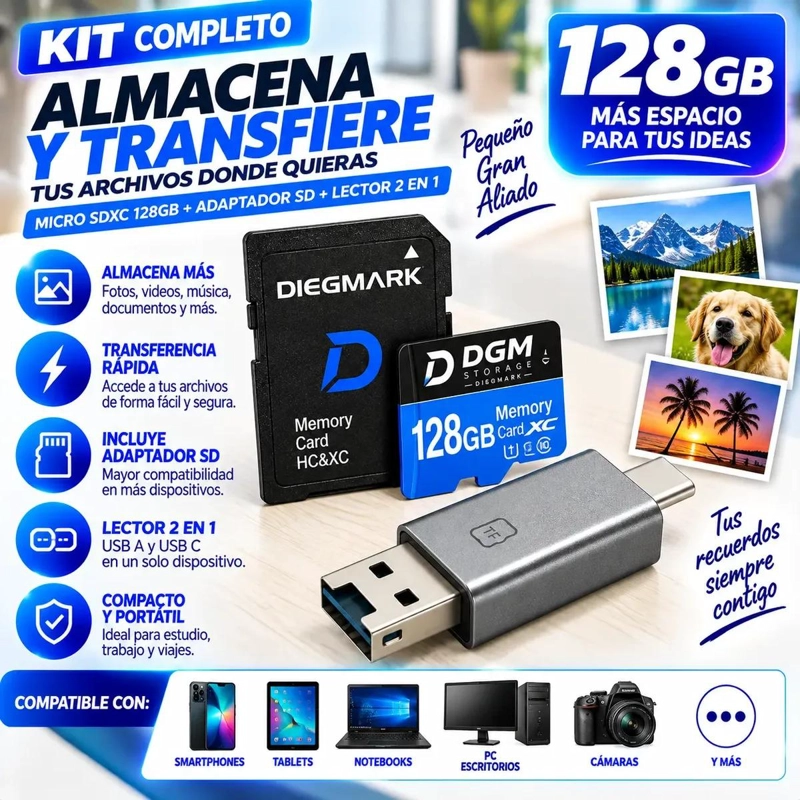 KIT DE ALMACENAMIENTO 128GB CON ADAPTADOR Y LECTOR 2 EN 1 - 2