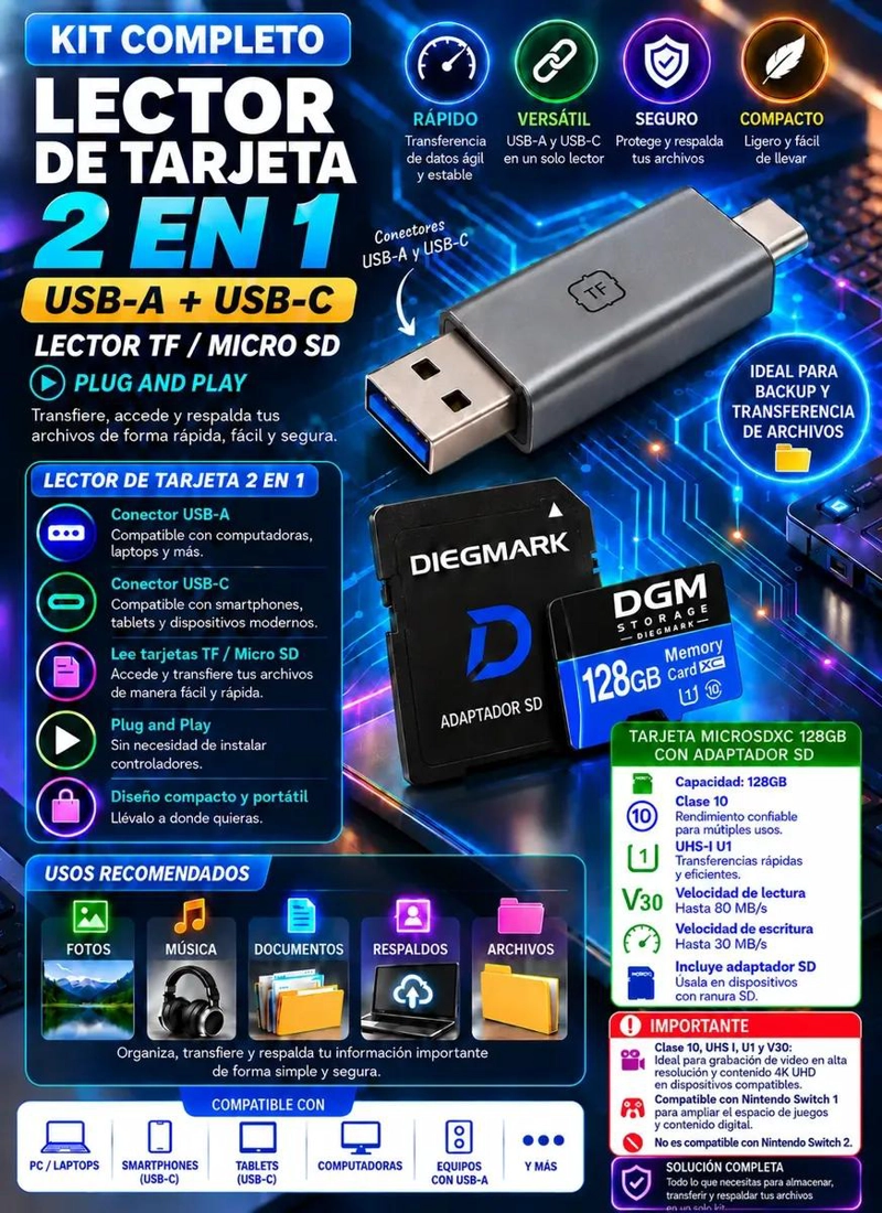 KIT DE LECTOR DE MEMORIA Y TARJETA MICRO SDXC DE 128GB - 2