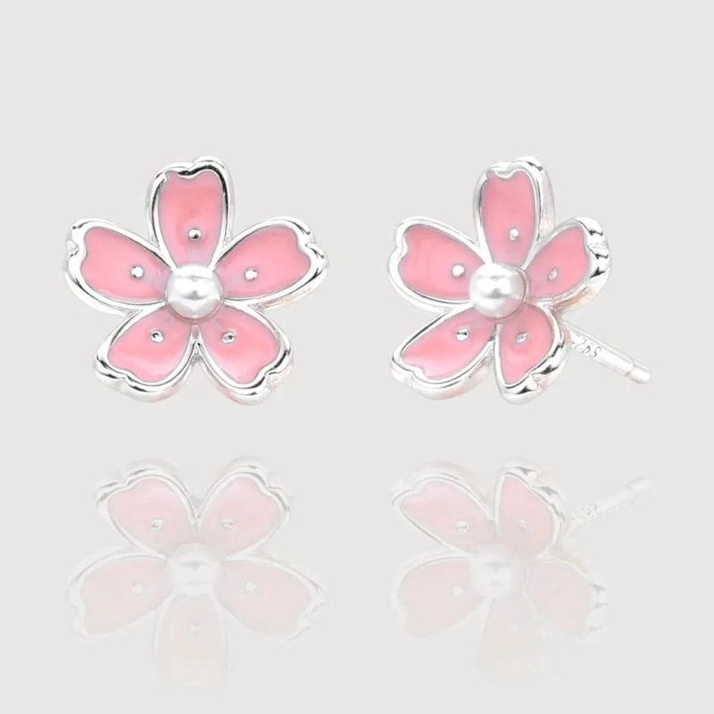 AROS FLOR SAKURA ROSADA CON PERLITA EN PLATA 925 - 1
