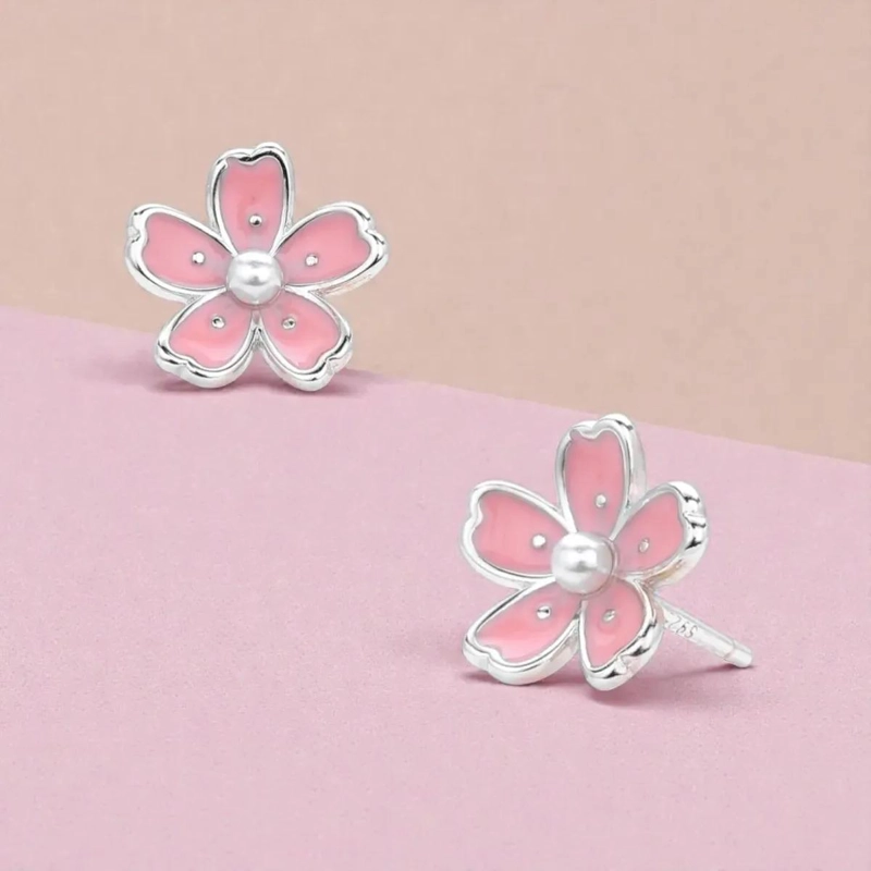 AROS FLOR SAKURA ROSADA CON PERLITA EN PLATA 925 - 2