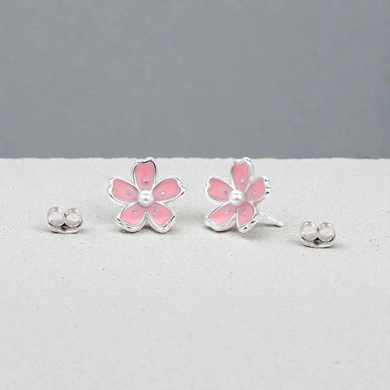 AROS FLOR SAKURA ROSADA CON PERLITA EN PLATA 925 - 3
