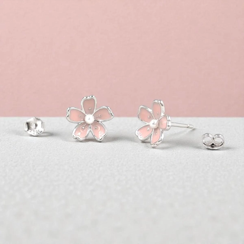 AROS FLOR SAKURA ROSADA CON PERLITA EN PLATA 925 - 4