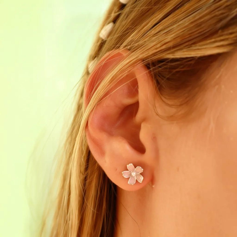 AROS FLOR SAKURA ROSADA CON PERLITA EN PLATA 925 - 5