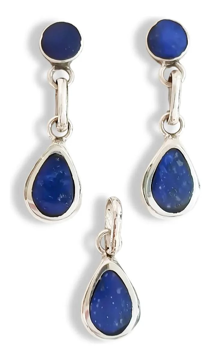 SET DE AROS COLGANTES GOTA EN LAPISLAZULI Y PLATA FINA 950 - 1