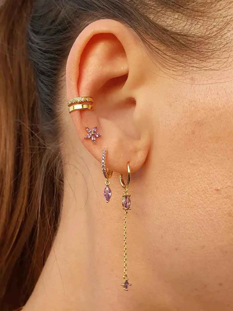 ARETES DE FLOR EN AMATISTA PURPURA CON BAÑO DE ORO - 2