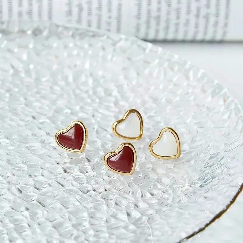 AROS CORAZON CON PIEDRA AGATA BLANCA BAÑADOS EN ORO 18KT - 4