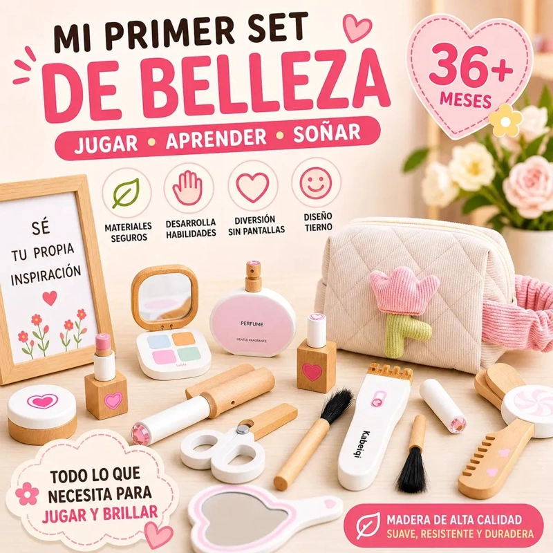 SET DE MAQUILLAJE DE MADERA PARA NIÑAS CON ACCESORIOS - 2