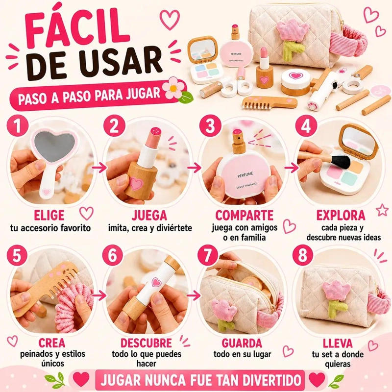 SET DE MAQUILLAJE DE MADERA PARA NIÑAS CON ACCESORIOS - 5