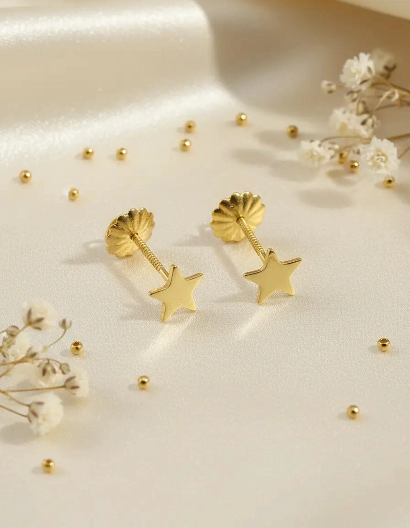 AROS DE ORO 18 KILATES CON DISEÑO DE ESTRELLAS PARA BEBE - 1