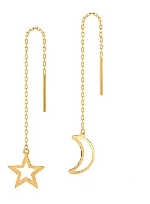 AROS LARGOS DE CADENA CON DISEÑO DE LUNA Y ESTRELLA EN ORO 18K - 1