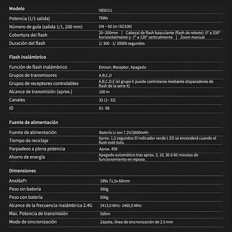 FLASH PARA CAMARA CON BATERIA DE IONES DE LITIO Y CONTROL INALAMBRICO - 8