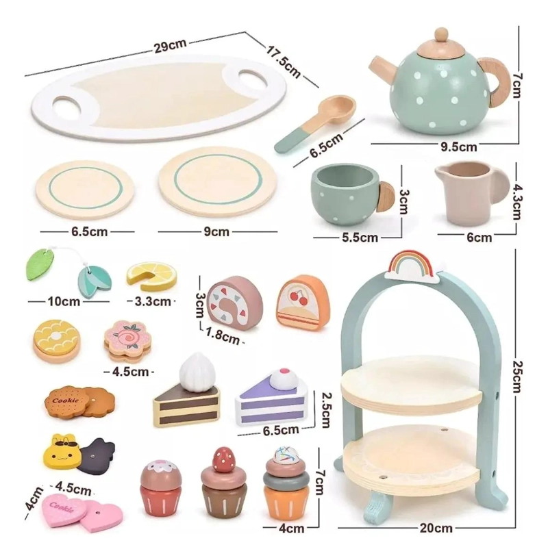 JUEGO DE TE  INFANTIL DE MADERA CON POSTRES PARA NIÑOS 28 PIEZAS - 10
