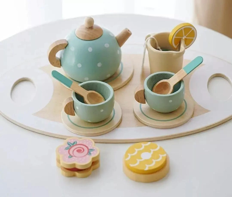JUEGO DE TE  INFANTIL DE MADERA CON POSTRES PARA NIÑOS 28 PIEZAS - 3
