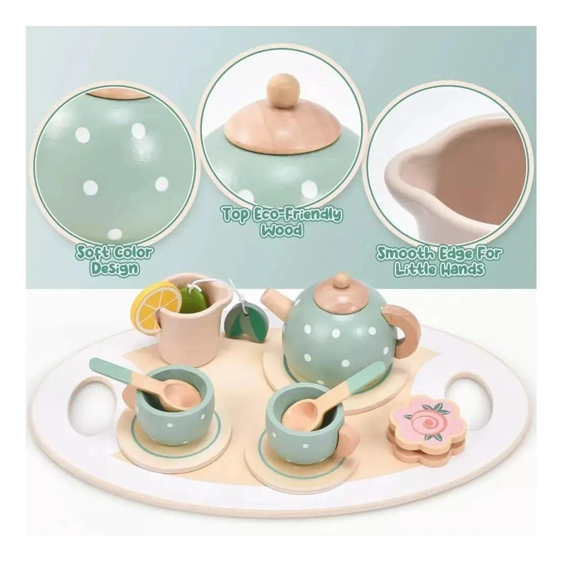 JUEGO DE TE  INFANTIL DE MADERA CON POSTRES PARA NIÑOS 28 PIEZAS - 6