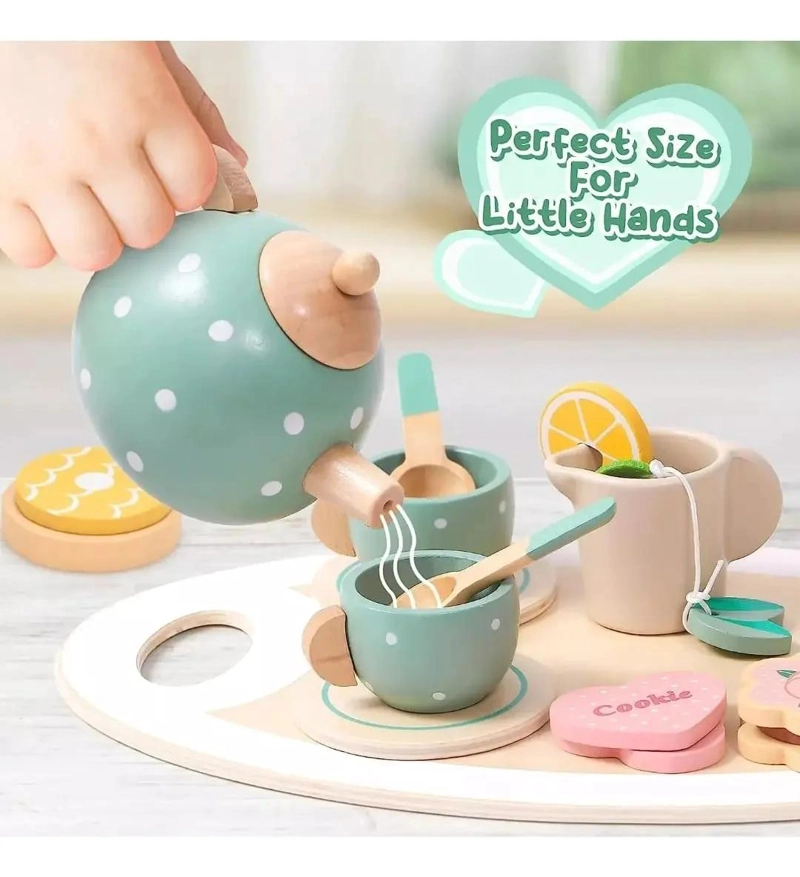 JUEGO DE TE  INFANTIL DE MADERA CON POSTRES PARA NIÑOS 28 PIEZAS - 8