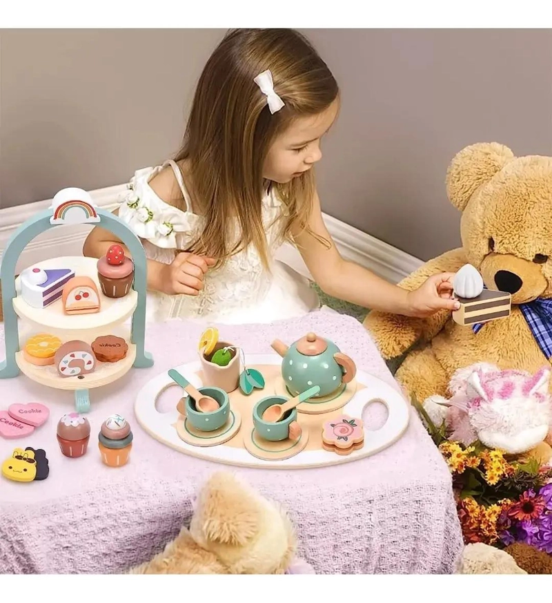 JUEGO DE TE  INFANTIL DE MADERA CON POSTRES PARA NIÑOS 28 PIEZAS - 9