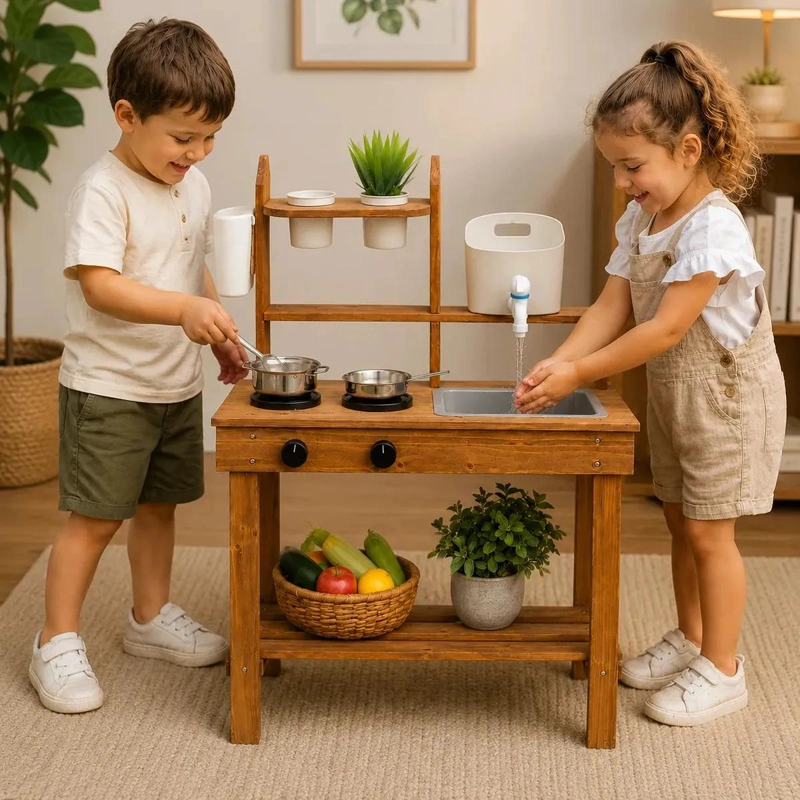 COCINA DE MADERA PARA NIÑOS CON LAVAPLATOS Y ACCESORIOS - 1