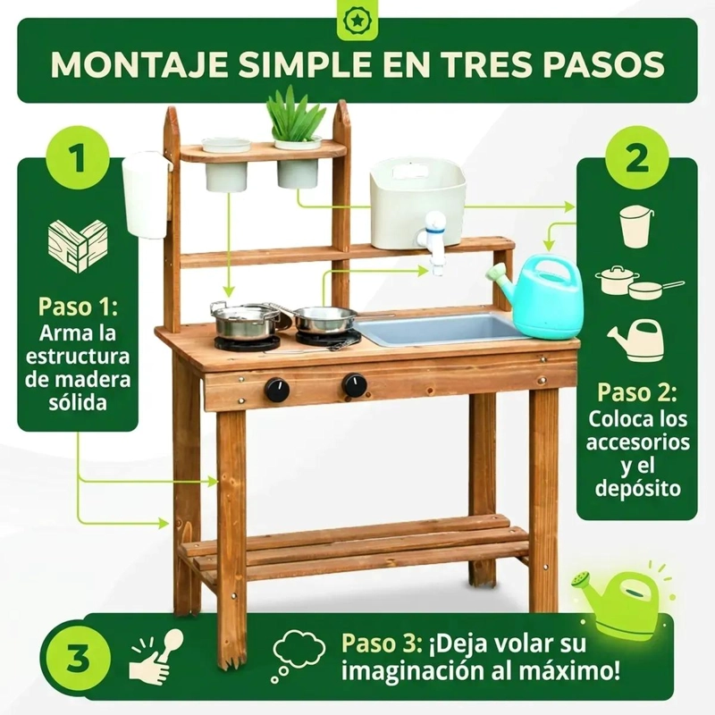 COCINA DE MADERA PARA NIÑOS CON LAVAPLATOS Y ACCESORIOS - 3
