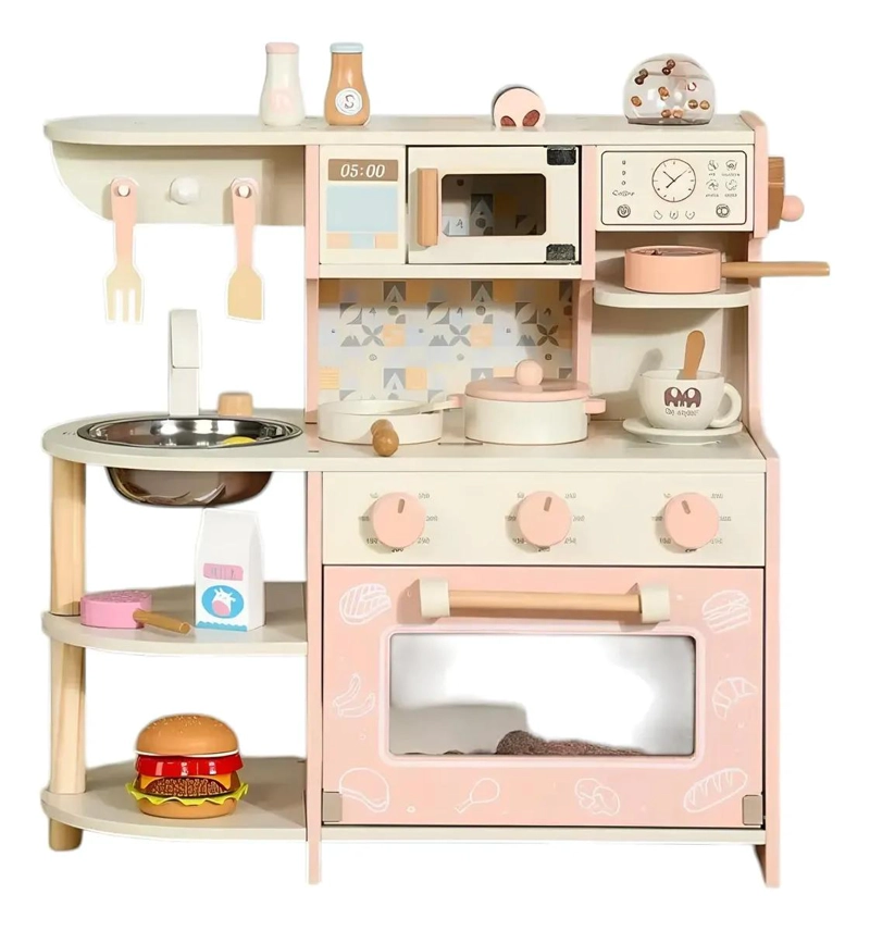 COCINA DE JUGUETE DE MADERA ROSA PARA NIÑOS - 1