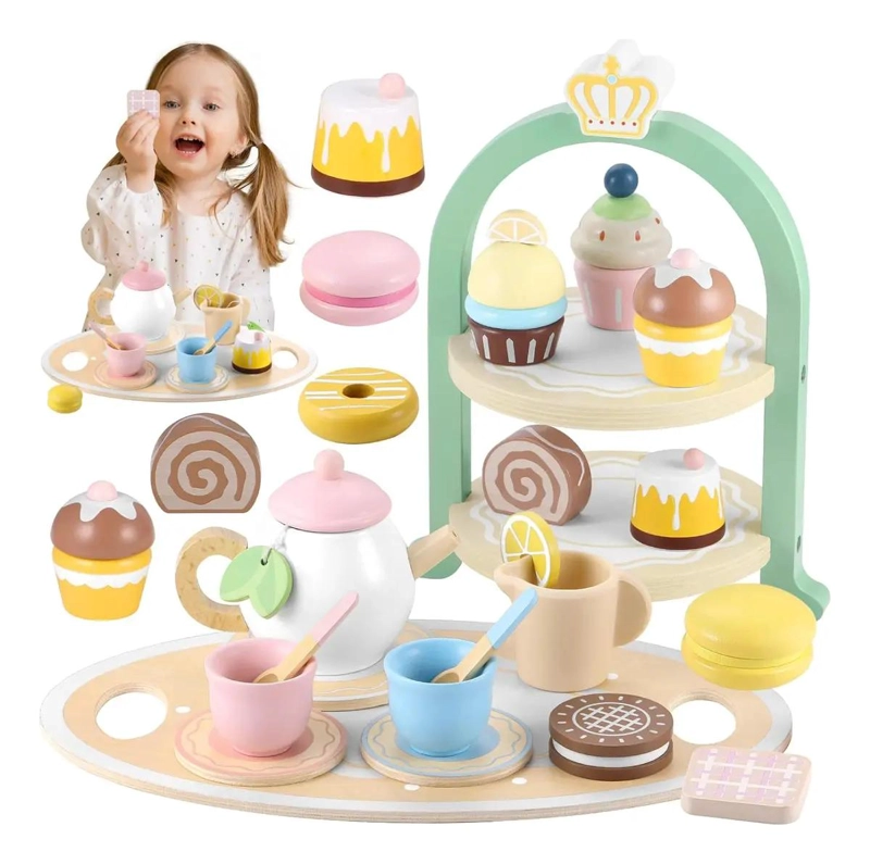 JUEGO DE TE  DE MADERA CON SOPORTE PARA POSTRES PARA NIÑAS - 1