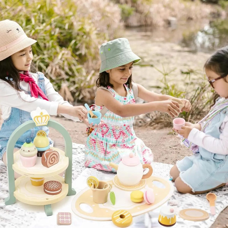 JUEGO DE TE  DE MADERA CON SOPORTE PARA POSTRES PARA NIÑAS - 8