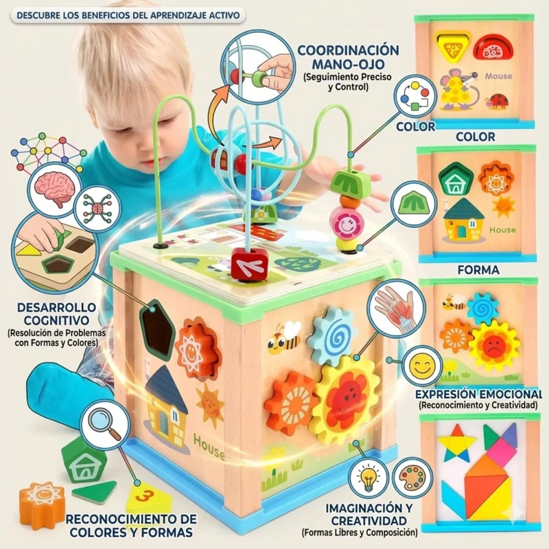 CUBO DIDACTICO DE ACTIVIDADES MONTESSORI 5 EN 1 PARA NIÑOS - 8