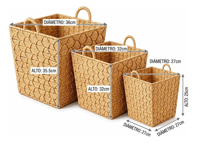 SET DE 3 CANASTOS ORGANIZADORES CUADRADOS CON ASA DE SEAGRASS - 3