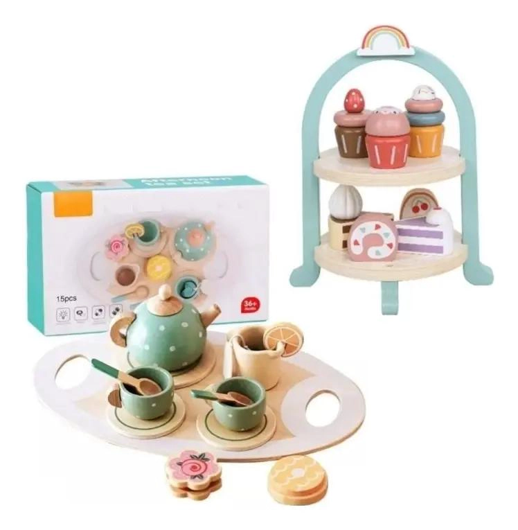 JUEGO DE TE  Y PASTEL DE MADERA PARA NIÑOS 23 PIEZAS - 1