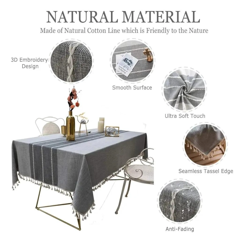 MANTEL RECTANGULAR IMPERMEABLE DE LINO Y ALGODON CON BORLAS 225X145 CM - 10