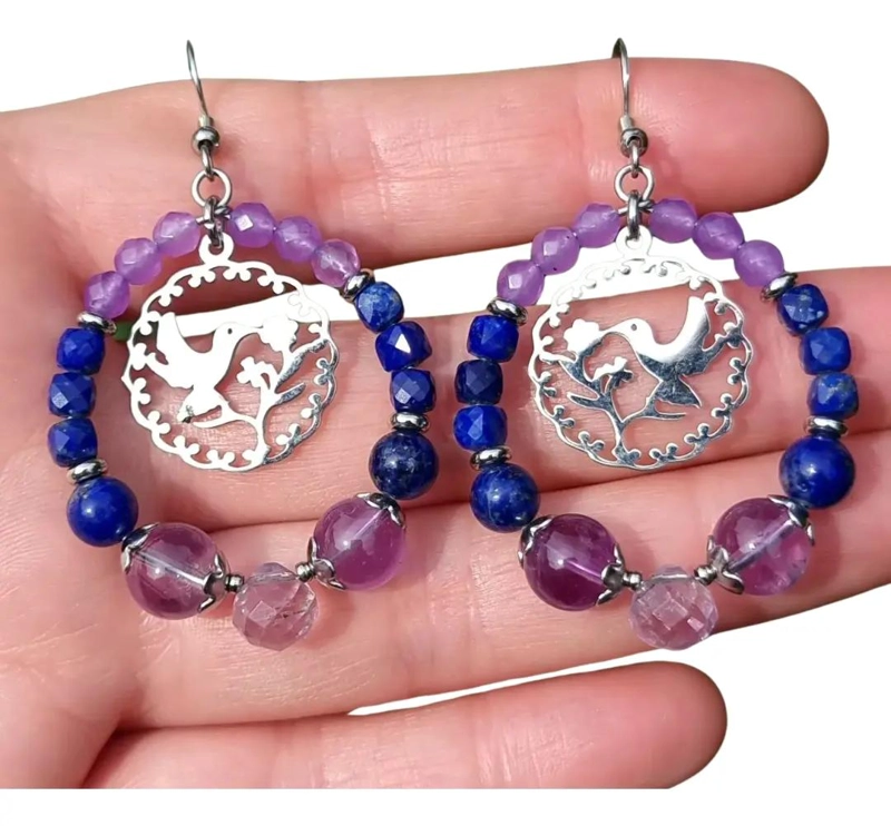 AROS DE ACERO QUIRURGICO CON PIEDRAS NATURALES AMATISTA Y LAPISLAZULI - 1