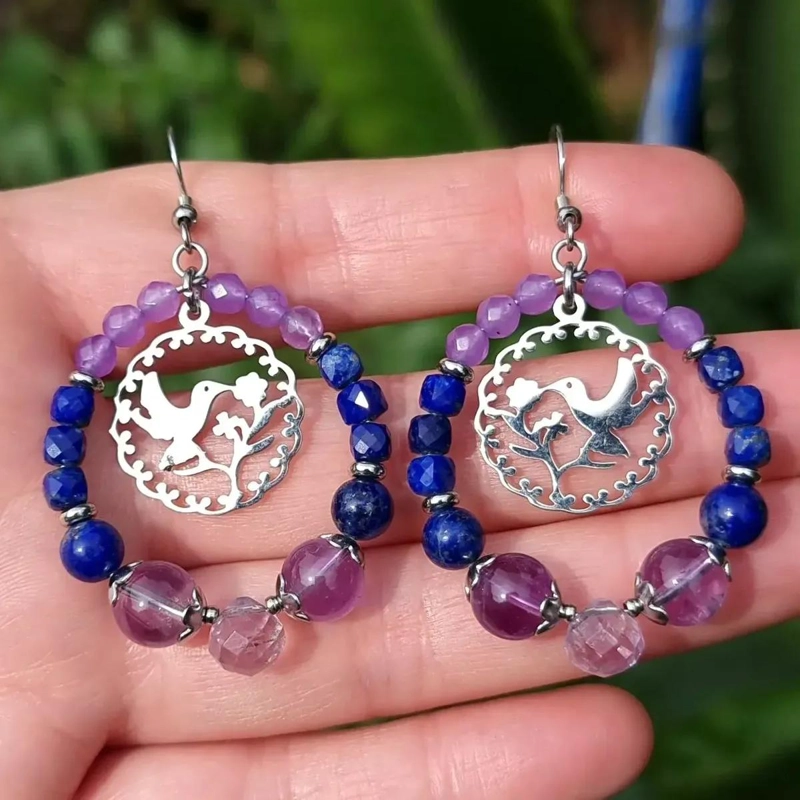 AROS DE ACERO QUIRURGICO CON PIEDRAS NATURALES AMATISTA Y LAPISLAZULI - 2