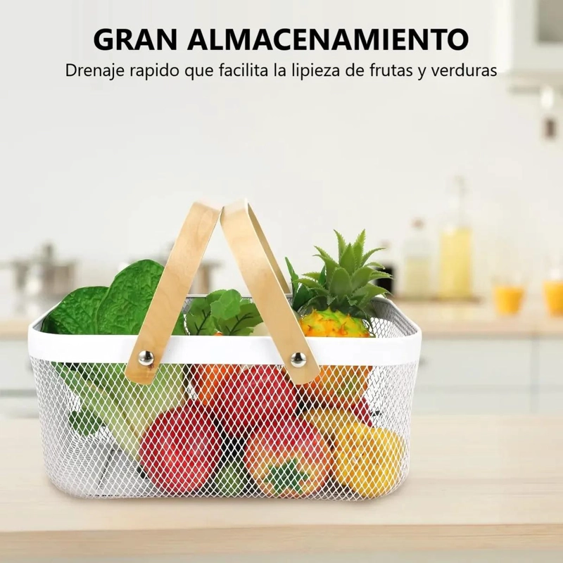 CESTA METALICA ORGANIZADOR DE COCINA CON ASA DE MADERA - 4