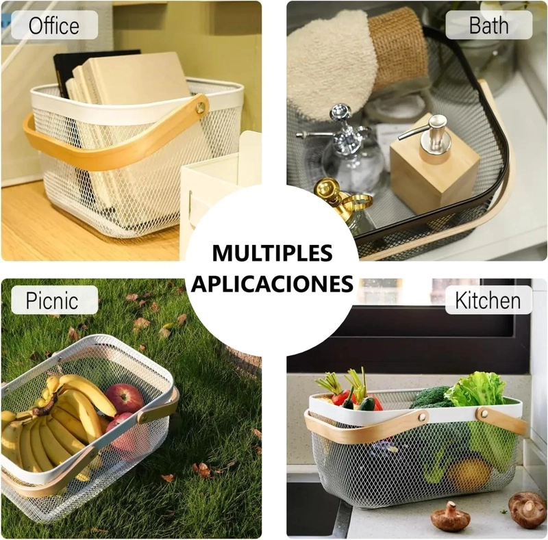 CESTA METALICA ORGANIZADOR DE COCINA CON ASA DE MADERA - 6