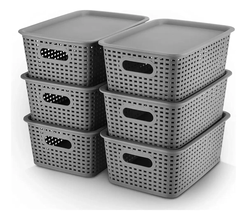 SET DE 6 CAJAS ORGANIZADORAS DE RATAN COLOR GRIS PARA ALMACENAMIENTO - 2