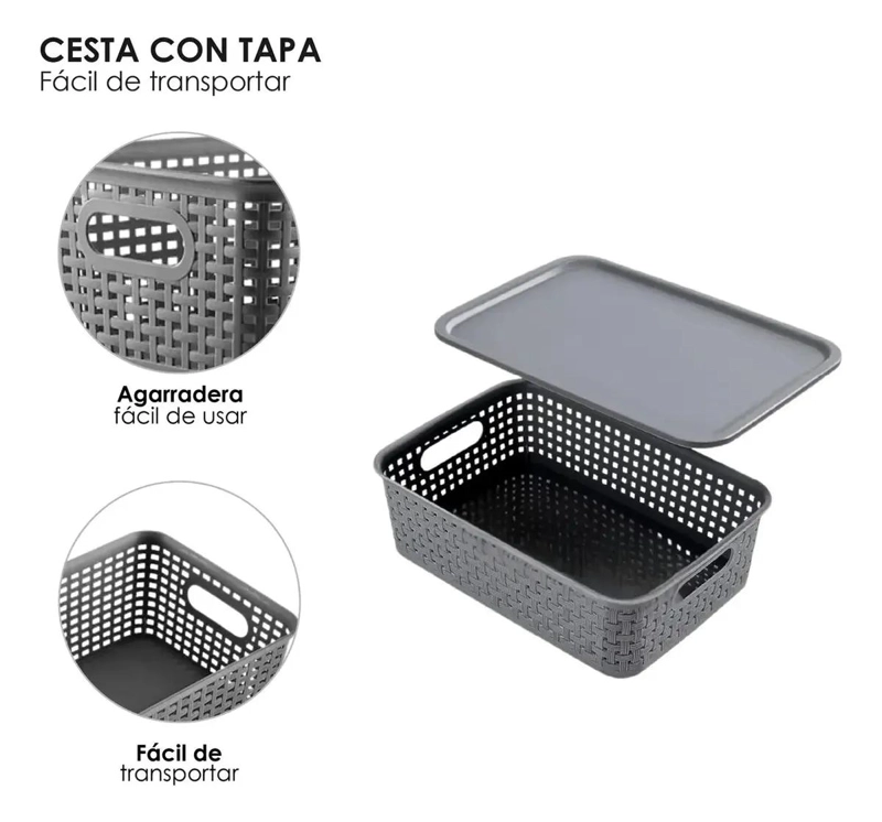 SET DE 6 CAJAS ORGANIZADORAS DE RATAN COLOR GRIS PARA ALMACENAMIENTO - 7