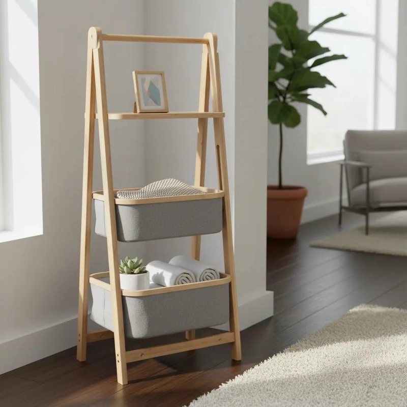 ORGANIZADOR DE BAMBU ESCALERA CON CANASTOS PARA ALMACENAMIENTO - 1